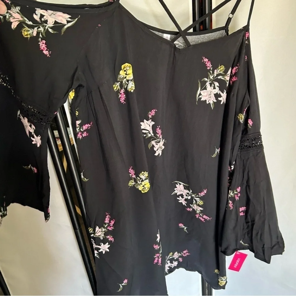 Xhilaration Womens Black Floral Cold Shoulder Pink Peasant Dress Size XXL